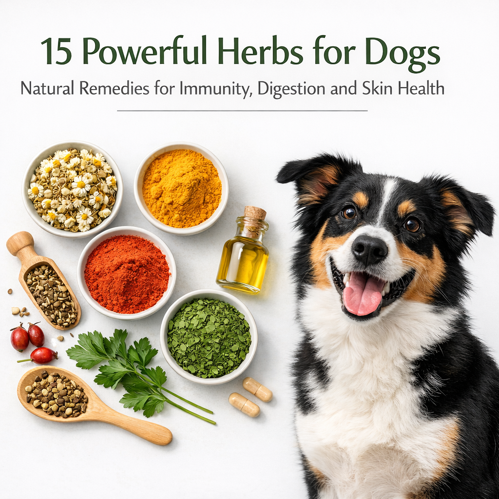 Natural herbs for dogs including rosehip, chamomile, turmeric and parsley used in holistic dog wellness.