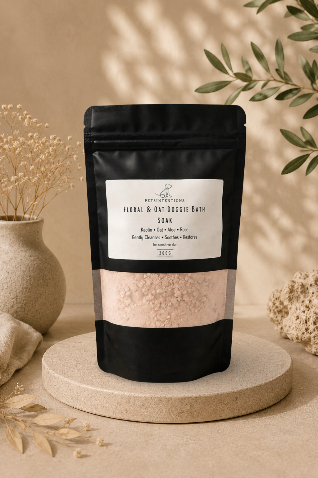 Floral & Oat Doggie Bath Soak | Soothing Oatmeal Treatment for Itchy Skin with Wooden Scoop